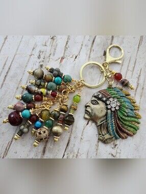 Indian Chief Purse Charm or Keychain Carnelian Agate Jade Howlite Handcrafted